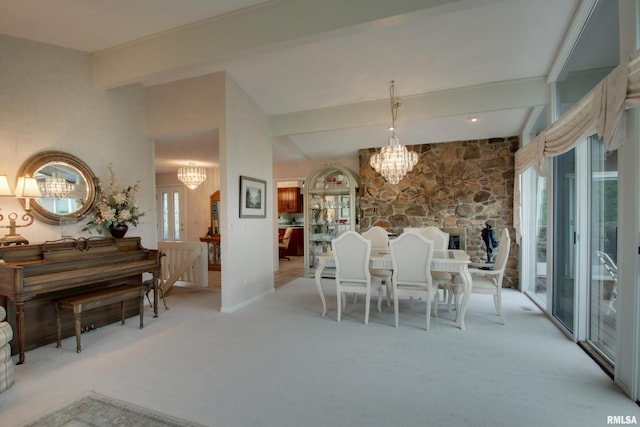 432 W Fairway Dr, Quincy, IL 62305 - carpeted dining area featuring a chandelier and beamed ceiling