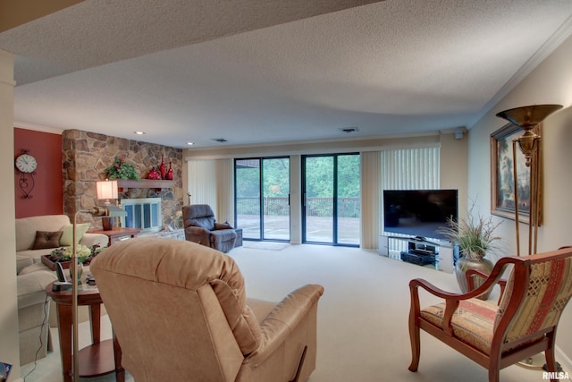 432 W Fairway Dr, Quincy, IL 62305 - carpeted living room featuring crown molding, a fireplace, and a textured ceiling