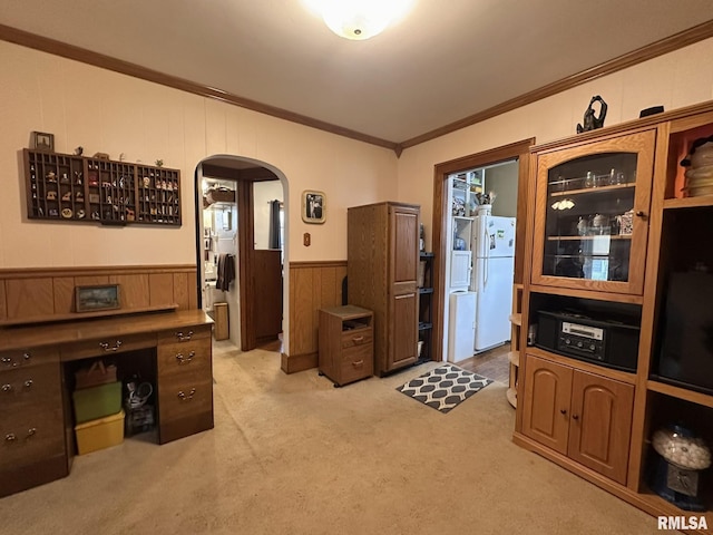 277 N Ivan Ave, Galesburg, IL 61401 - unfurnished office featuring arched walkways, crown molding, light carpet, a wainscoted wall, and wood walls