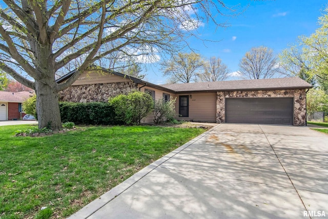 single story home with stone siding, a garage, driveway, and a front lawn