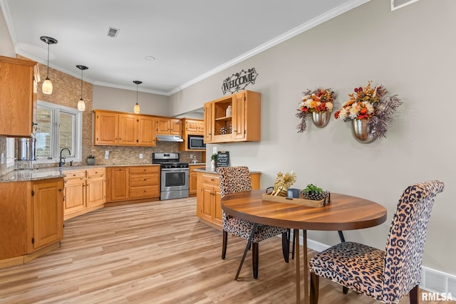 188 E Hazel Dell Ln, Springfield, IL 62712 - kitchen featuring stainless steel appliances, light wood-style floors, under cabinet range hood, pendant lighting, and tasteful backsplash