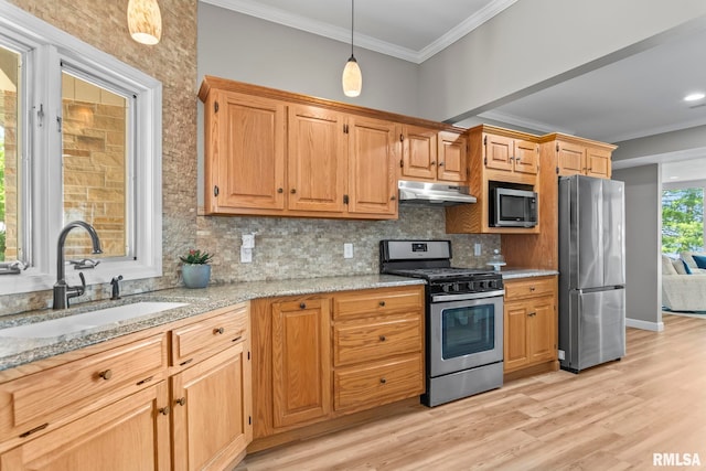 188 E Hazel Dell Ln, Springfield, IL 62712 - kitchen featuring appliances with stainless steel finishes, under cabinet range hood, a sink, light wood-style floors, and crown molding