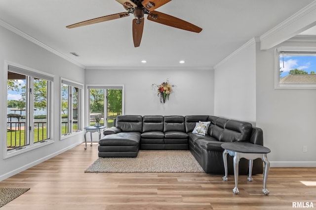 188 E Hazel Dell Ln, Springfield, IL 62712 - living area featuring ceiling fan, recessed lighting, light wood finished floors, baseboards, and crown molding