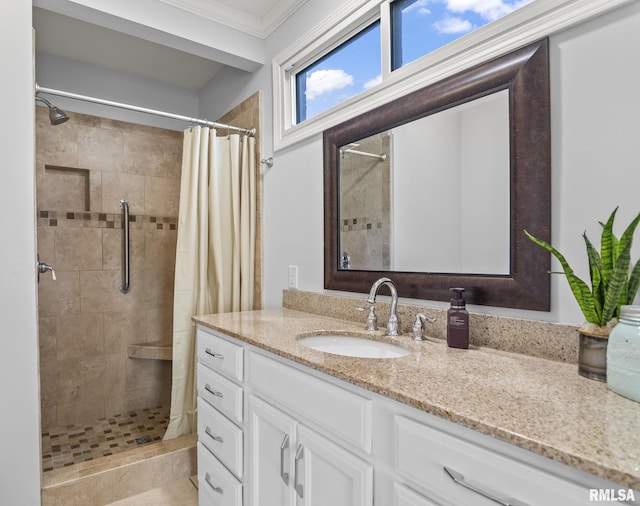 188 E Hazel Dell Ln, Springfield, IL 62712 - bathroom with a tile shower, vanity, and crown molding