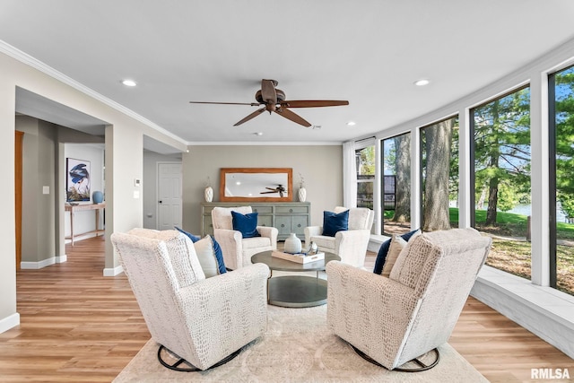 188 E Hazel Dell Ln, Springfield, IL 62712 - living area featuring light wood-type flooring, ceiling fan, baseboards, recessed lighting, and crown molding