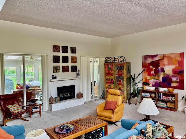 2201 W Washington St Unit 19, Springfield, IL 62702 - living room featuring carpet floors, a textured ceiling, and a fireplace
