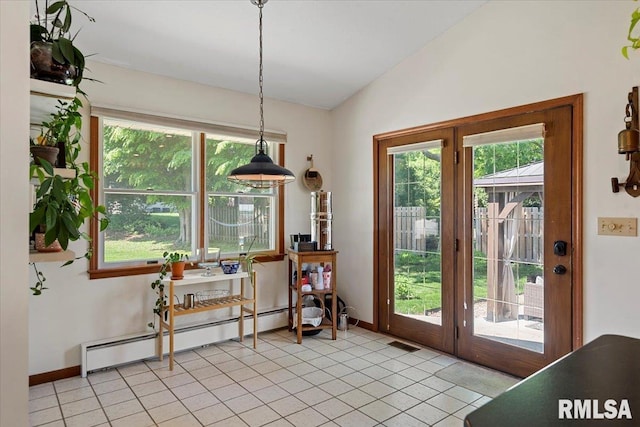 1405 Woods Farm Ln, Springfield, IL 62704 - entryway with vaulted ceiling, a baseboard radiator, plenty of natural light, light tile patterned floors, and baseboards