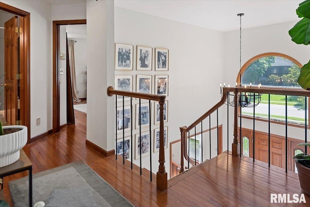 1405 Woods Farm Ln, Springfield, IL 62704 - hallway featuring a chandelier, wood finished floors, an upstairs landing, and baseboards