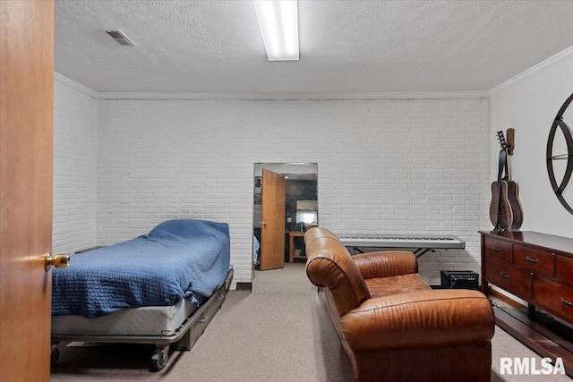 1405 Woods Farm Ln, Springfield, IL 62704 - bedroom with carpet, brick wall, a textured ceiling, and ornamental molding