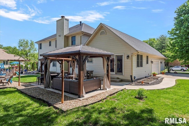 1405 Woods Farm Ln, Springfield, IL 62704 - back of property featuring a gazebo, an outdoor living space, a lawn, a garage, and a chimney