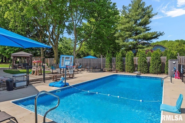 1405 Woods Farm Ln, Springfield, IL 62704 - view of swimming pool featuring a gazebo, a fenced backyard, and a patio
