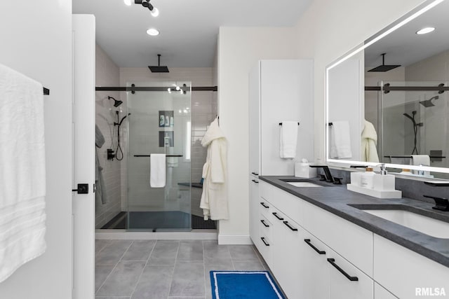 321 Harbor Point Pl, Springfield, IL 62712 - bathroom featuring a stall shower, tile patterned floors, double vanity, and recessed lighting