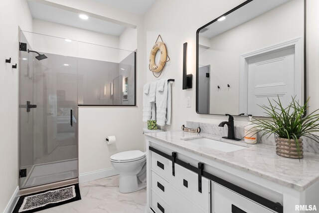 321 Harbor Point Pl, Springfield, IL 62712 - bathroom with marble look tile flooring, toilet, a stall shower, vanity, and baseboards
