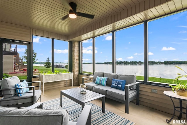 321 Harbor Point Pl, Springfield, IL 62712 - sunroom / solarium with a water view, an outdoor hangout area, a ceiling fan, and plenty of natural light