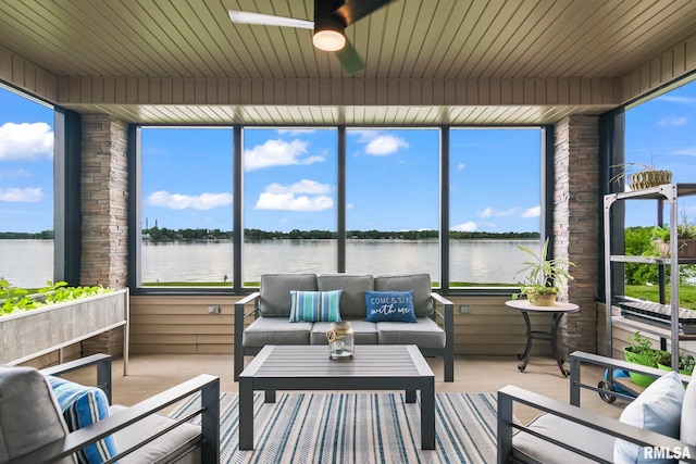 321 Harbor Point Pl, Springfield, IL 62712 - sunroom / solarium with a water view, a ceiling fan, and an outdoor living space