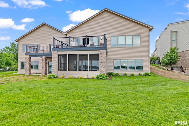 321 Harbor Point Pl, Springfield, IL 62712 - rear view of house featuring stone siding, a yard, cooling unit, and a deck