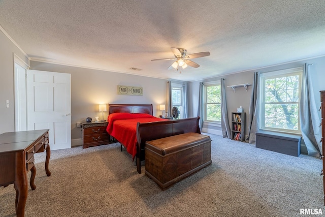 309 W State St, Payson, IL 62360 - carpeted bedroom featuring a textured ceiling, ornamental molding, and a ceiling fan