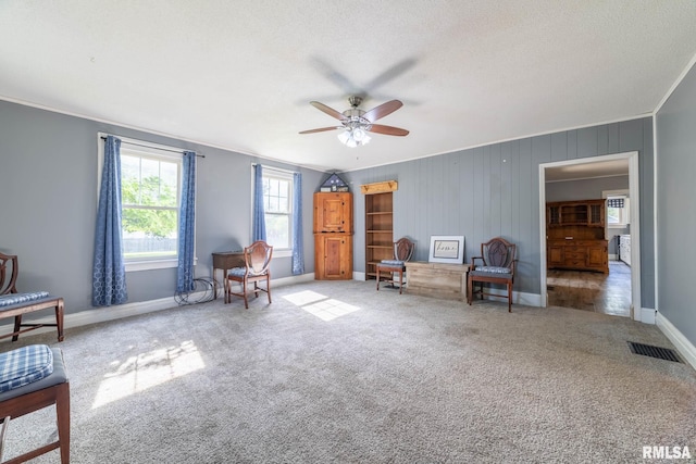 309 W State St, Payson, IL 62360 - living area with ceiling fan, carpet flooring, baseboards, crown molding, and a textured ceiling