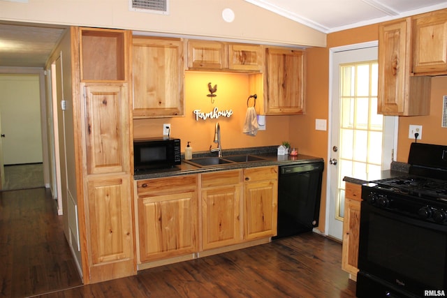 214 W B St, Alpha, IL 61413 - kitchen with black appliances, a sink, dark countertops, lofted ceiling, and dark wood-type flooring