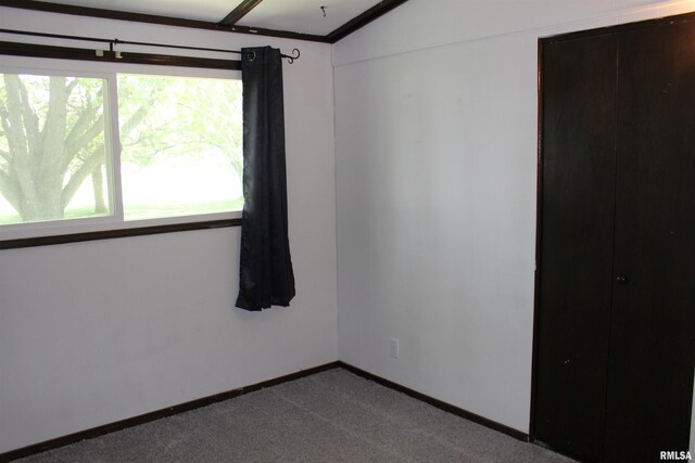 214 W B St, Alpha, IL 61413 - unfurnished room with dark carpet, baseboards, and vaulted ceiling