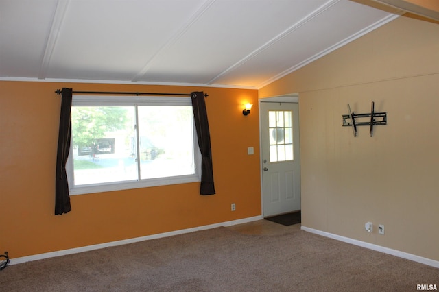 214 W B St, Alpha, IL 61413 - unfurnished room with vaulted ceiling, healthy amount of natural light, carpet floors, baseboards, and ornamental molding