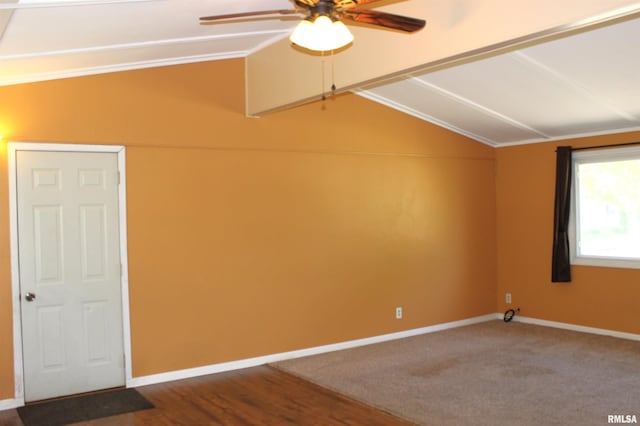 214 W B St, Alpha, IL 61413 - unfurnished room featuring lofted ceiling, a ceiling fan, ornamental molding, and baseboards