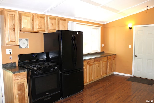 214 W B St, Alpha, IL 61413 - kitchen featuring black appliances, dark countertops, dark wood-style floors, baseboards, and lofted ceiling