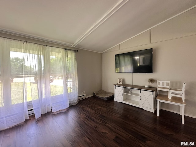 209 Brookview Dr, Abingdon, IL 61410 - unfurnished living room with lofted ceiling, dark wood-style flooring, baseboard heating, and baseboards