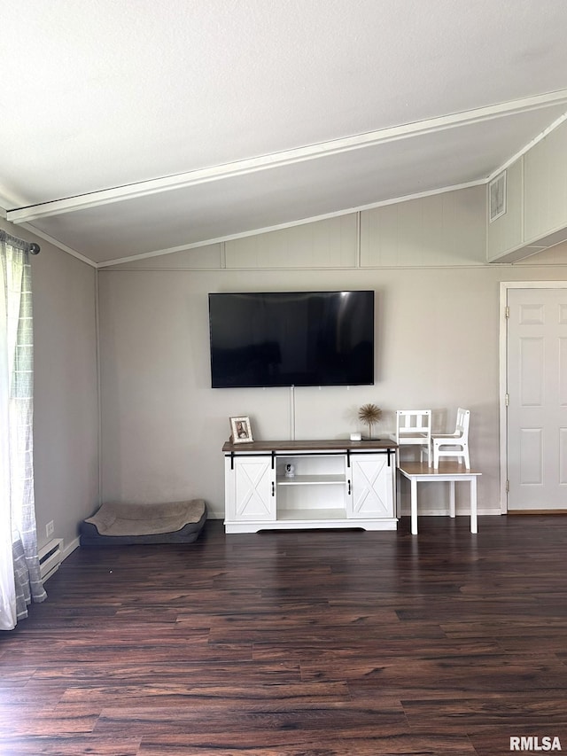 209 Brookview Dr, Abingdon, IL 61410 - unfurnished living room featuring vaulted ceiling, wood finished floors, a baseboard radiator, and crown molding