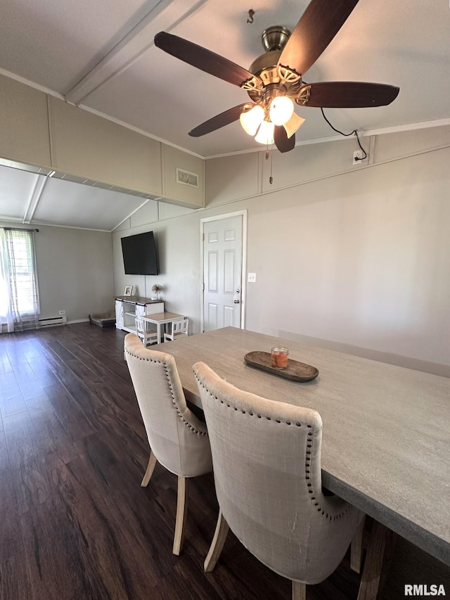 209 Brookview Dr, Abingdon, IL 61410 - dining space featuring lofted ceiling, dark wood finished floors, a ceiling fan, and baseboards
