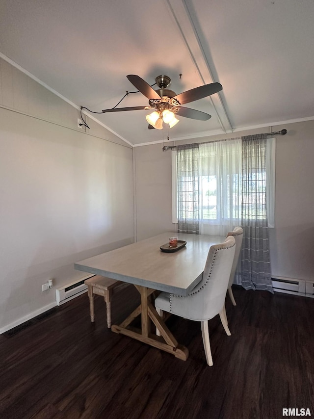 209 Brookview Dr, Abingdon, IL 61410 - dining space featuring ceiling fan, dark wood-style floors, baseboards, ornamental molding, and a baseboard radiator