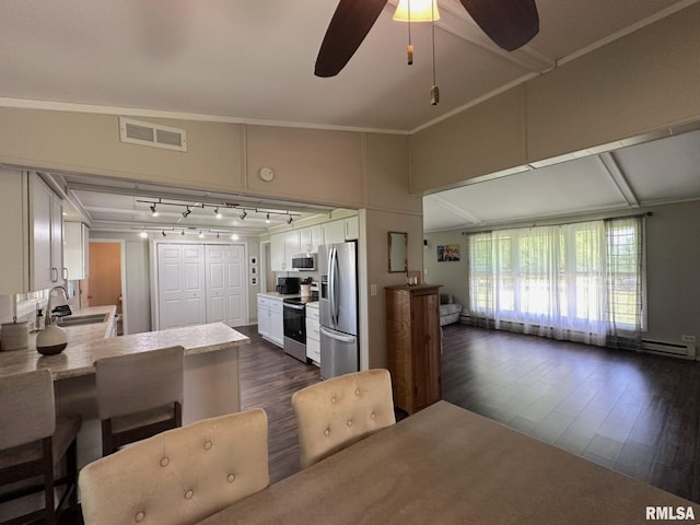 209 Brookview Dr, Abingdon, IL 61410 - kitchen with appliances with stainless steel finishes, dark wood-style flooring, light countertops, white cabinetry, and a ceiling fan