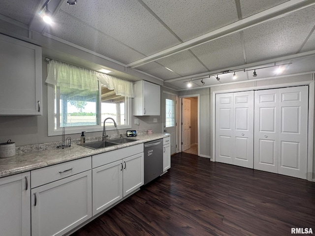 209 Brookview Dr, Abingdon, IL 61410 - kitchen featuring a sink, dishwasher, dark wood finished floors, white cabinets, and rail lighting