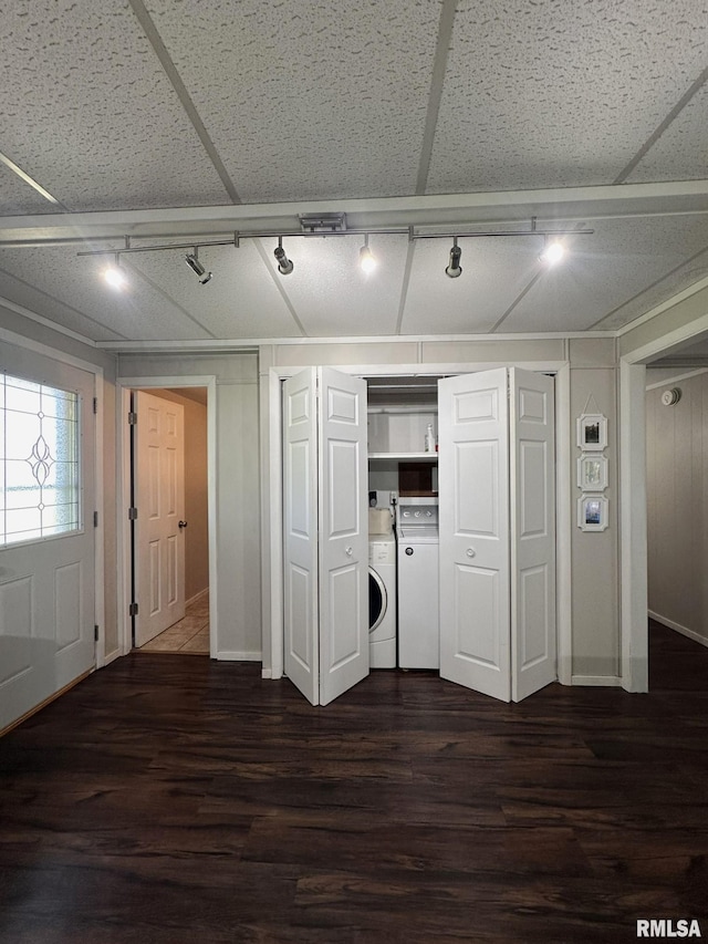 209 Brookview Dr, Abingdon, IL 61410 - kitchen with washer / clothes dryer, rail lighting, and dark wood finished floors