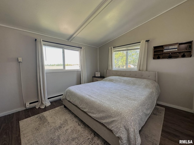 209 Brookview Dr, Abingdon, IL 61410 - bedroom with lofted ceiling, a baseboard radiator, wood finished floors, and baseboards