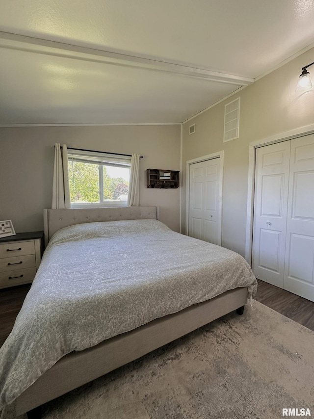209 Brookview Dr, Abingdon, IL 61410 - bedroom featuring dark wood-type flooring, multiple closets, and an AC wall unit