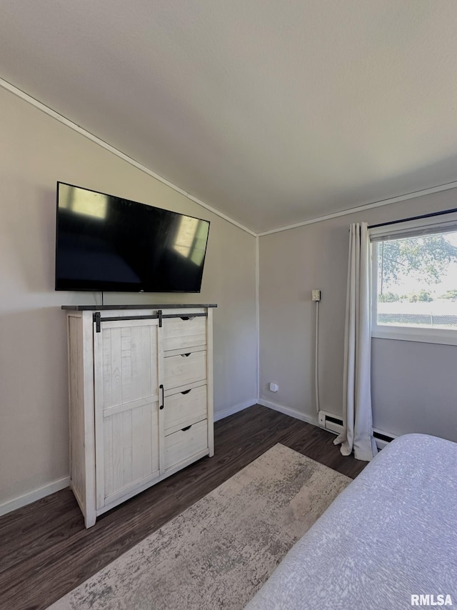 209 Brookview Dr, Abingdon, IL 61410 - bedroom featuring dark wood finished floors, a baseboard heating unit, lofted ceiling, and baseboards