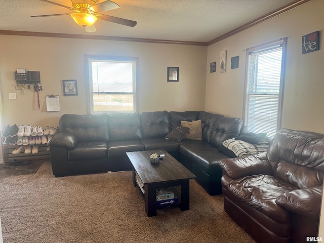 3210 Rendlen Ave, Hannibal-Mo, MO 63401 - carpeted living area with ornamental molding, a textured ceiling, and a ceiling fan