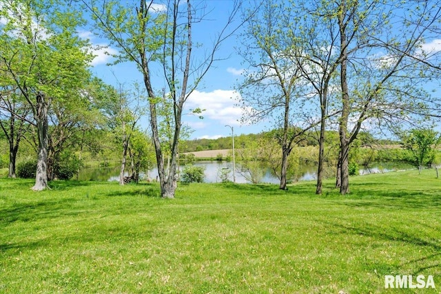view of green lawn with a water view