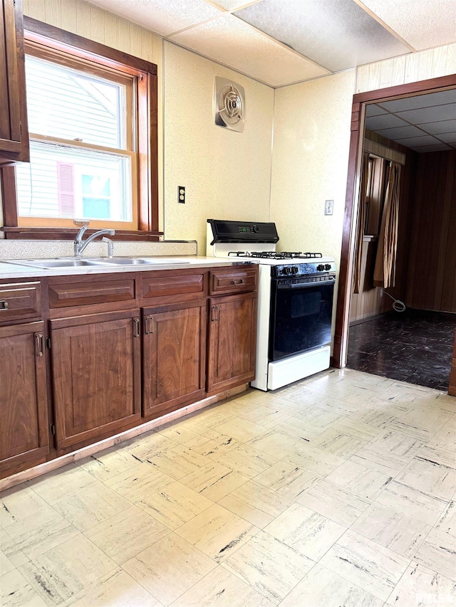 461 W Fremont St, Galesburg, IL 61401 - kitchen featuring gas range, a sink, light floors, light countertops, and wood walls