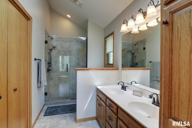 4629 Hidden Cove Rd, Quincy, IL 62305 - full bath featuring a shower stall, lofted ceiling, and double vanity