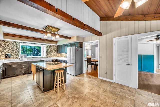 2255 N Broad St, Galesburg, IL 61401 - kitchen featuring stainless steel appliances, a ceiling fan, decorative backsplash, butcher block countertops, and beamed ceiling