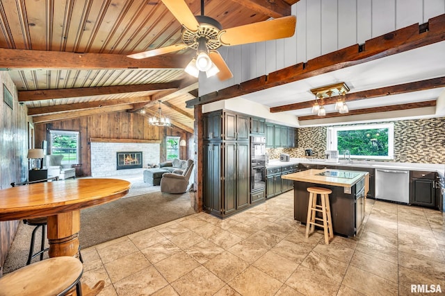 2255 N Broad St, Galesburg, IL 61401 - kitchen featuring stainless steel dishwasher, light countertops, a glass covered fireplace, wood walls, and open floor plan