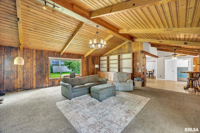 2255 N Broad St, Galesburg, IL 61401 - carpeted living room with wooden walls, wooden ceiling, a chandelier, and ceiling fan