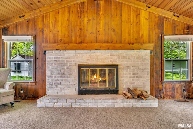2255 N Broad St, Galesburg, IL 61401 - detailed view of wooden ceiling, carpet floors, wooden walls, beam ceiling, and a brick fireplace