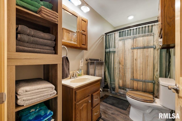 1460 Rushing Rd, Simpson, IL 62985 - bathroom with toilet, vanity, wood finished floors, and shower / bath combo with shower curtain