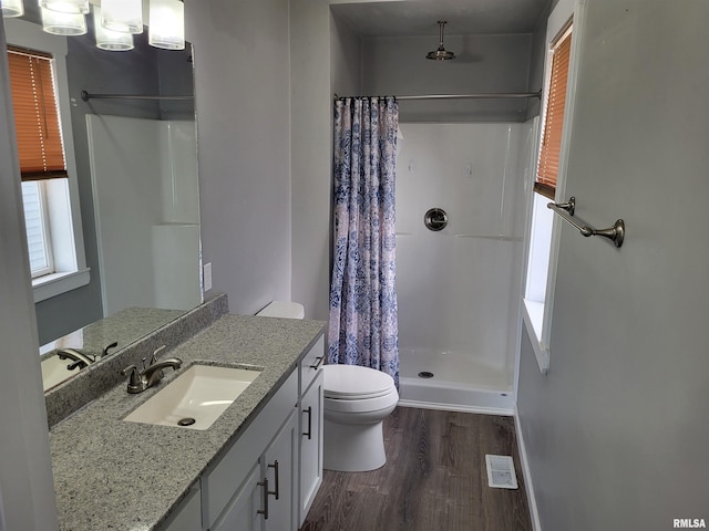 718 Adams St, Quincy, IL 62301 - bathroom with wood finished floors, toilet, a stall shower, and vanity