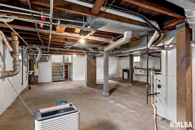 708 E 5th St, Pana, IL 62557 - unfinished basement featuring water heater, stairs, and electric panel