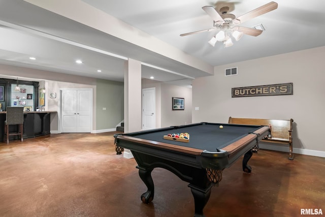 4901 Wildcat Run, Springfield, IL 62711 - rec room featuring finished concrete floors, baseboards, recessed lighting, billiards, and a ceiling fan