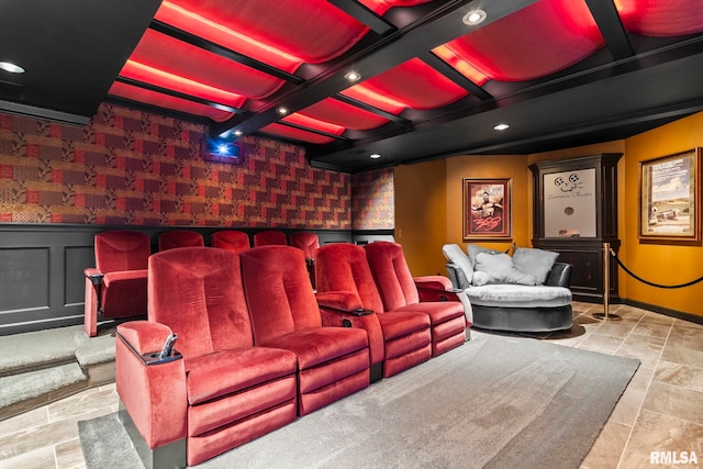 4901 Wildcat Run, Springfield, IL 62711 - home theater room featuring a wainscoted wall, stone finish floors, baseboards, wallpapered walls, and recessed lighting